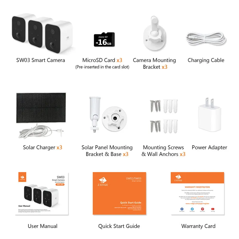 SW03 Wireless Smart Camera with Solar Panel, Includes 16G SD card,3pack