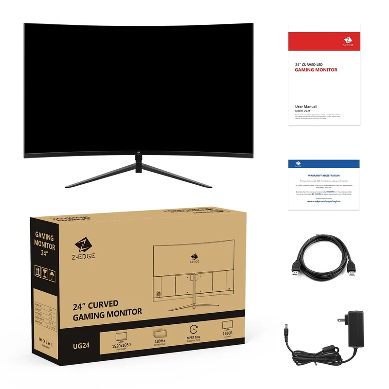 Refurbished: Z-EDGE 24 Inch Curved Gaming Monitor 180Hz 1ms Full HD 1080P HDMI & DP Port Support Universal Wall Mount