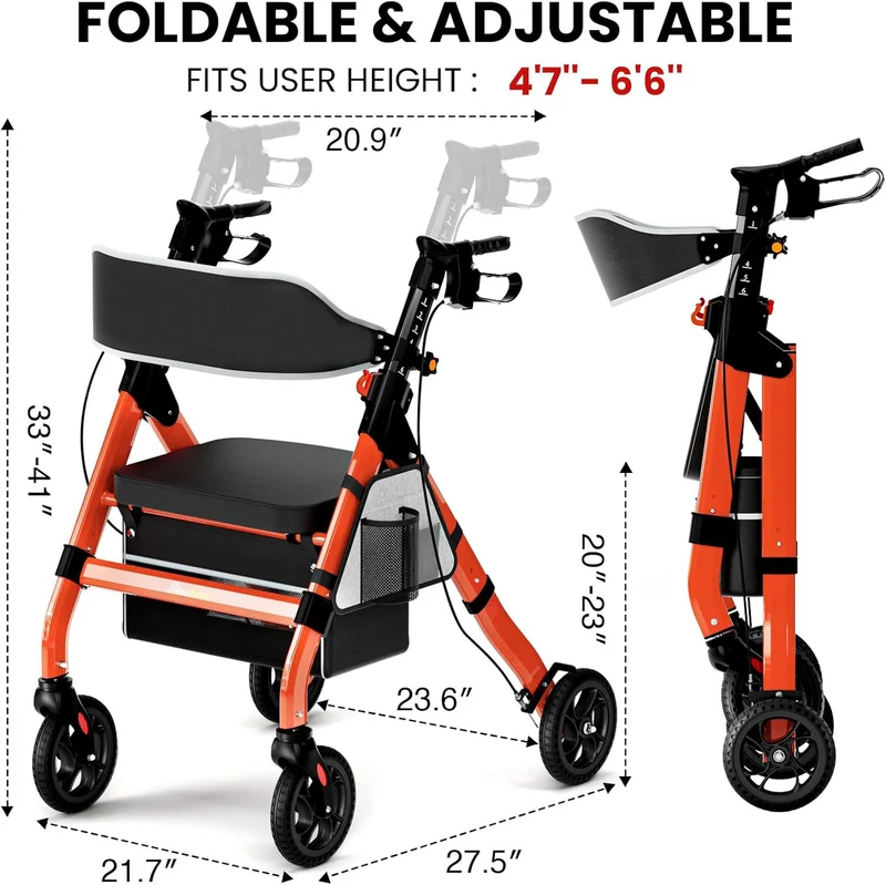 Z-EDGE Foldable Rollator Walkers with Seat for Seniors, 450 lb Capacity, 8" Wheels, 18" Big Seat, 6-Position Adjustable Height, Aluminum Frame