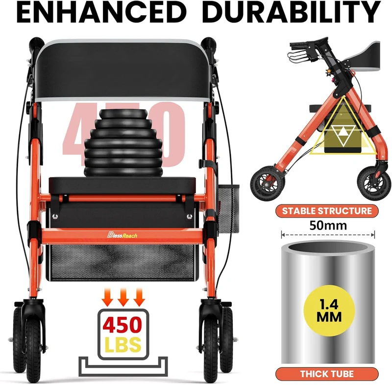 Z-EDGE Foldable Rollator Walkers with Seat for Seniors, 450 lb Capacity, 8" Wheels, 18" Big Seat, 6-Position Adjustable Height, Aluminum Frame