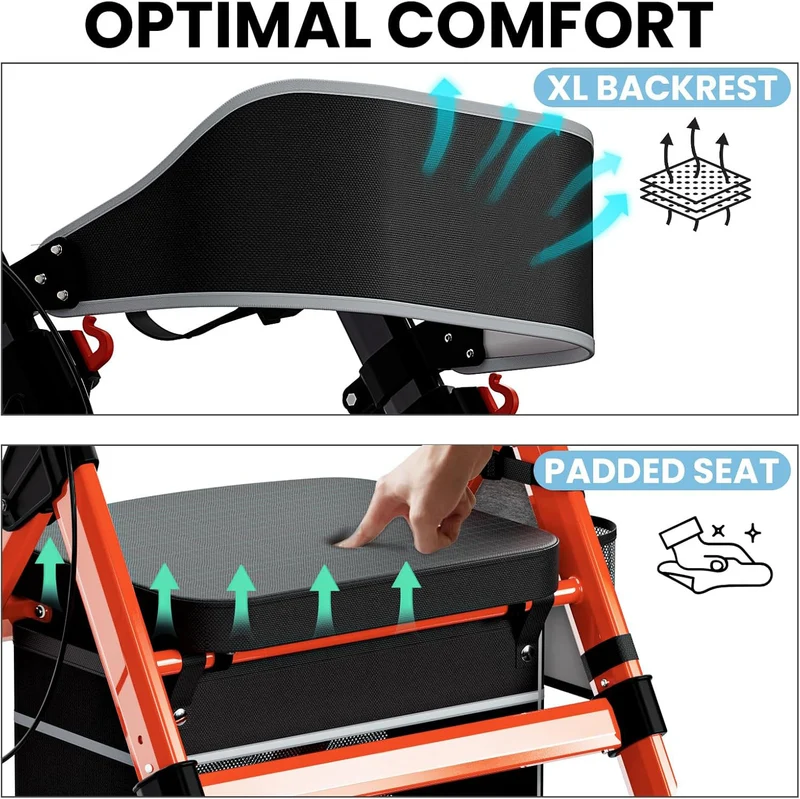 Z-EDGE Foldable Rollator Walkers with Seat for Seniors, 450 lb Capacity, 8" Wheels, 18" Big Seat, 6-Position Adjustable Height, Aluminum Frame