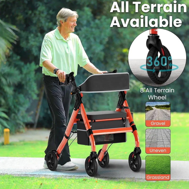 Z-EDGE Foldable Rollator Walkers with Seat for Seniors, 450 lb Capacity, 8" Wheels, 18" Big Seat, 6-Position Adjustable Height, Aluminum Frame