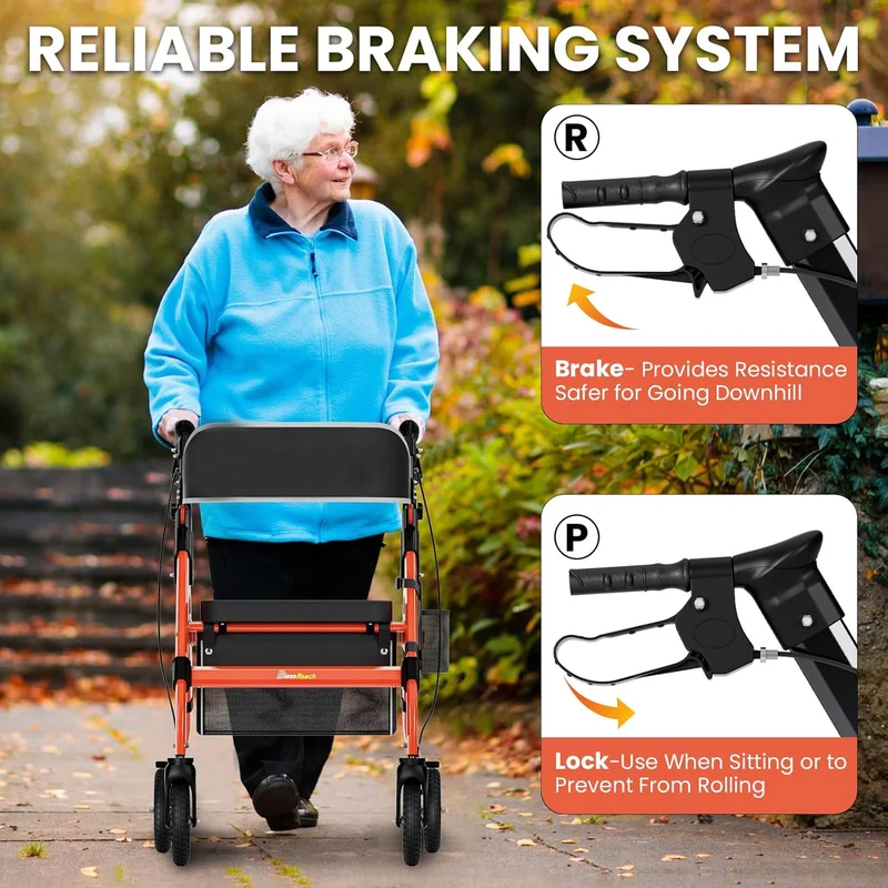 Z-EDGE Foldable Rollator Walkers with Seat for Seniors, 450 lb Capacity, 8" Wheels, 18" Big Seat, 6-Position Adjustable Height, Aluminum Frame