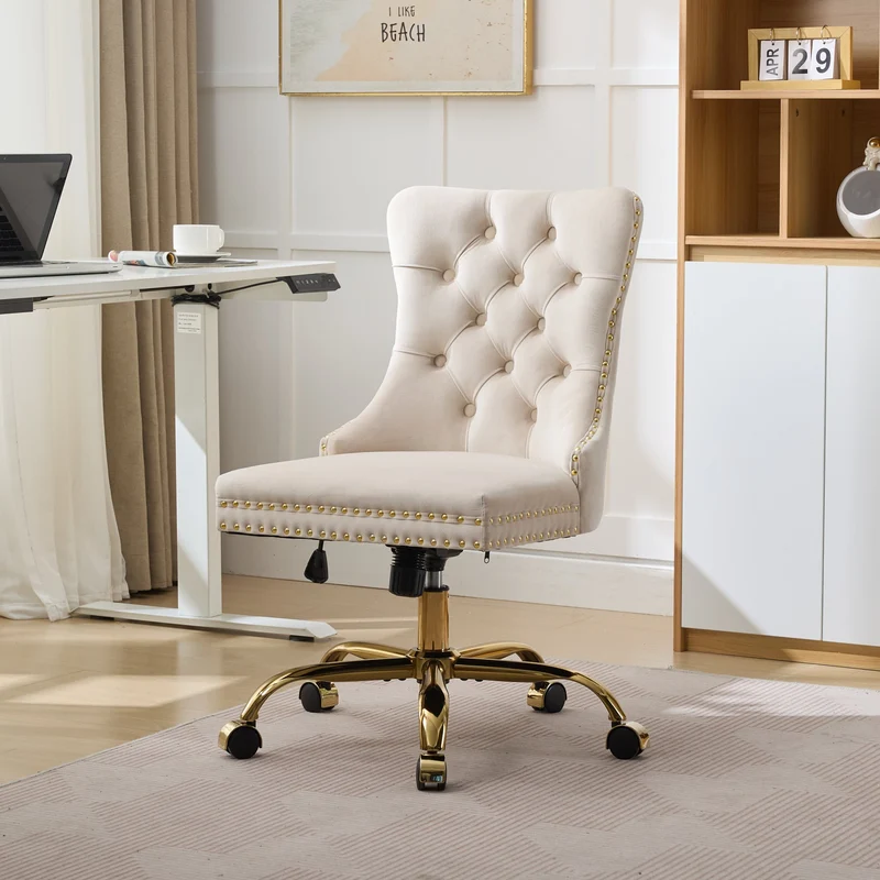 Z-EDGE Velvet Armless Office Chair, Comfy High-Back Vanity Chair with Rivet, Swivel Height-Adjustable Desk Chair with Gold Base for Bedroom