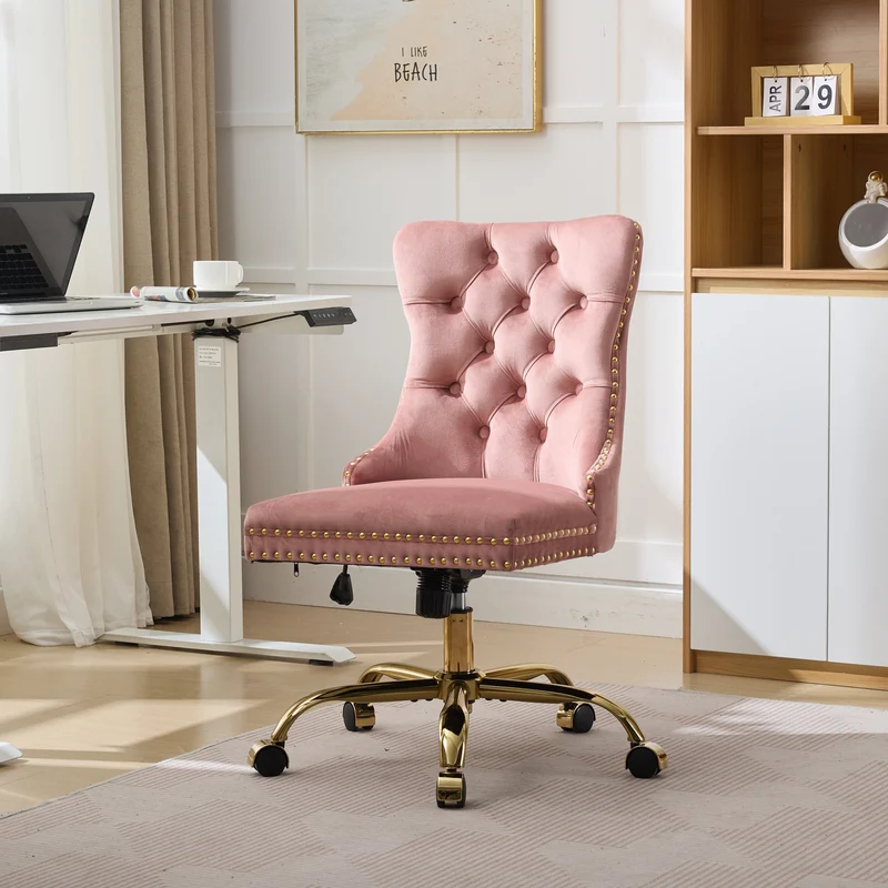Z-EDGE Velvet Armless Office Chair, Comfy High-Back Vanity Chair with Rivet, Swivel Height-Adjustable Desk Chair with Gold Base for Bedroom