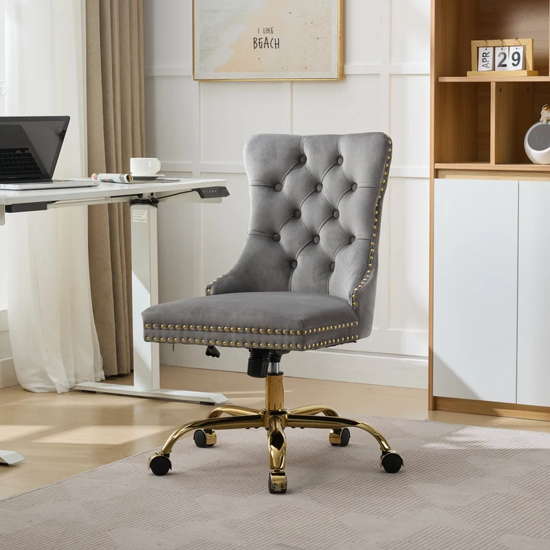 Z-EDGE Velvet Armless Office Chair, Comfy High-Back Vanity Chair with Rivet, Swivel Height-Adjustable Desk Chair with Gold Base for Bedroom