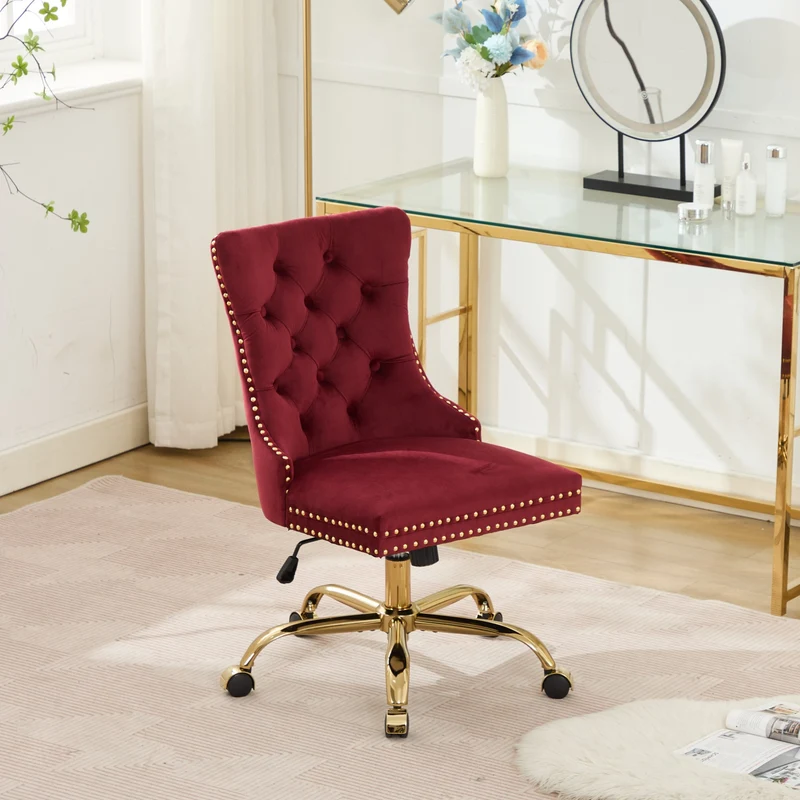 Z-EDGE Velvet Armless Office Chair, Comfy High-Back Vanity Chair with Rivet, Swivel Height-Adjustable Desk Chair with Gold Base for Bedroom