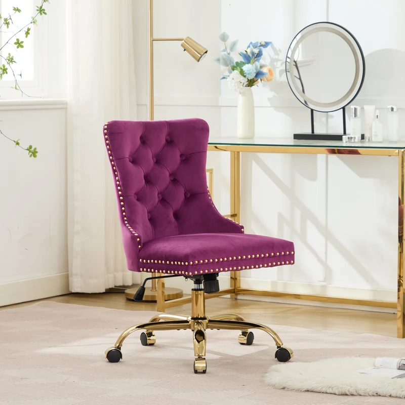 Z-EDGE Velvet Armless Office Chair, Comfy High-Back Vanity Chair with Rivet, Swivel Height-Adjustable Desk Chair with Gold Base for Bedroom