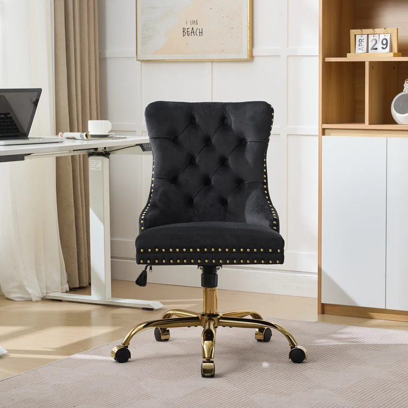 Z-EDGE Velvet Armless Office Chair, Comfy High-Back Vanity Chair with Rivet, Swivel Height-Adjustable Desk Chair with Gold Base for Bedroom