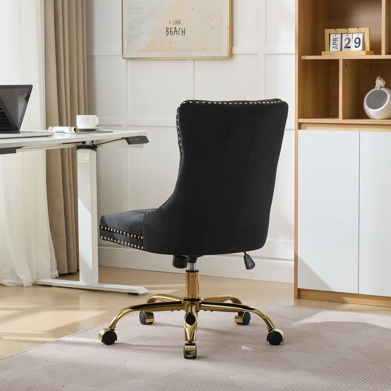 Z-EDGE Velvet Armless Office Chair, Comfy High-Back Vanity Chair with Rivet, Swivel Height-Adjustable Desk Chair with Gold Base for Bedroom