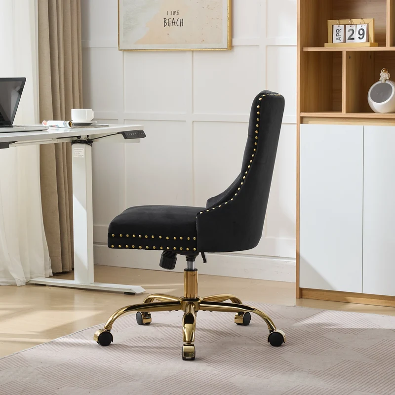 Z-EDGE Velvet Armless Office Chair, Comfy High-Back Vanity Chair with Rivet, Swivel Height-Adjustable Desk Chair with Gold Base for Bedroom