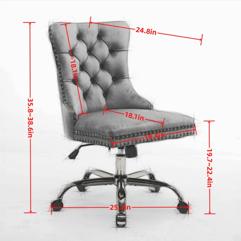 Z-EDGE Velvet Armless Office Chair, Comfy High-Back Vanity Chair with Rivet, Swivel Height-Adjustable Desk Chair with Gold Base for Bedroom