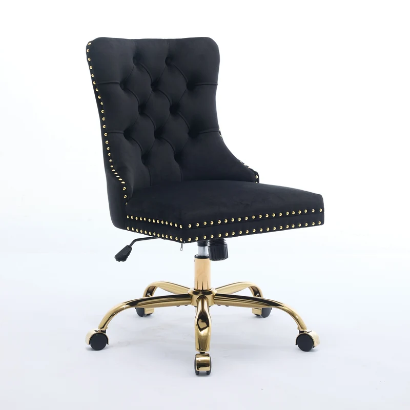 Z-EDGE Velvet Armless Office Chair, Comfy High-Back Vanity Chair with Rivet, Swivel Height-Adjustable Desk Chair with Gold Base for Bedroom