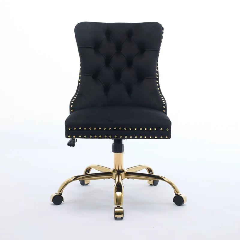 Z-EDGE Velvet Armless Office Chair, Comfy High-Back Vanity Chair with Rivet, Swivel Height-Adjustable Desk Chair with Gold Base for Bedroom