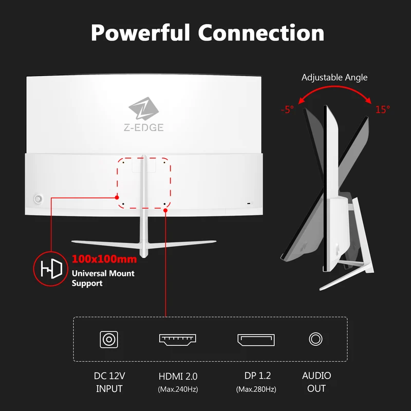 Z-EDGE UG27P 27" 280Hz Curved Gaming Monitor, White Monitor
