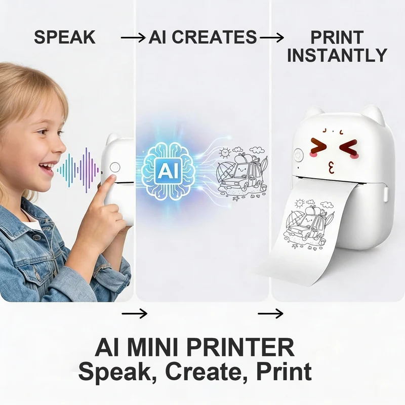 AI Mini Printer Sticker Print Portable Thermal Inkless Maker Bluetooth Pocket Instant Printing for School Office Home for Study Note,Journal,DIY,Gift