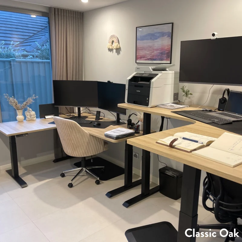 Desky L-Shape Curved Laminate Sit Stand Desk