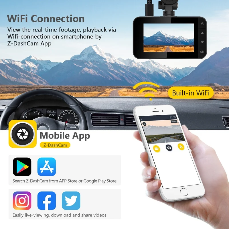 Refurbished: Dual Dash Cam, WiFi&App Connection, Full HD 1080P, Front and Rear Dash Cam