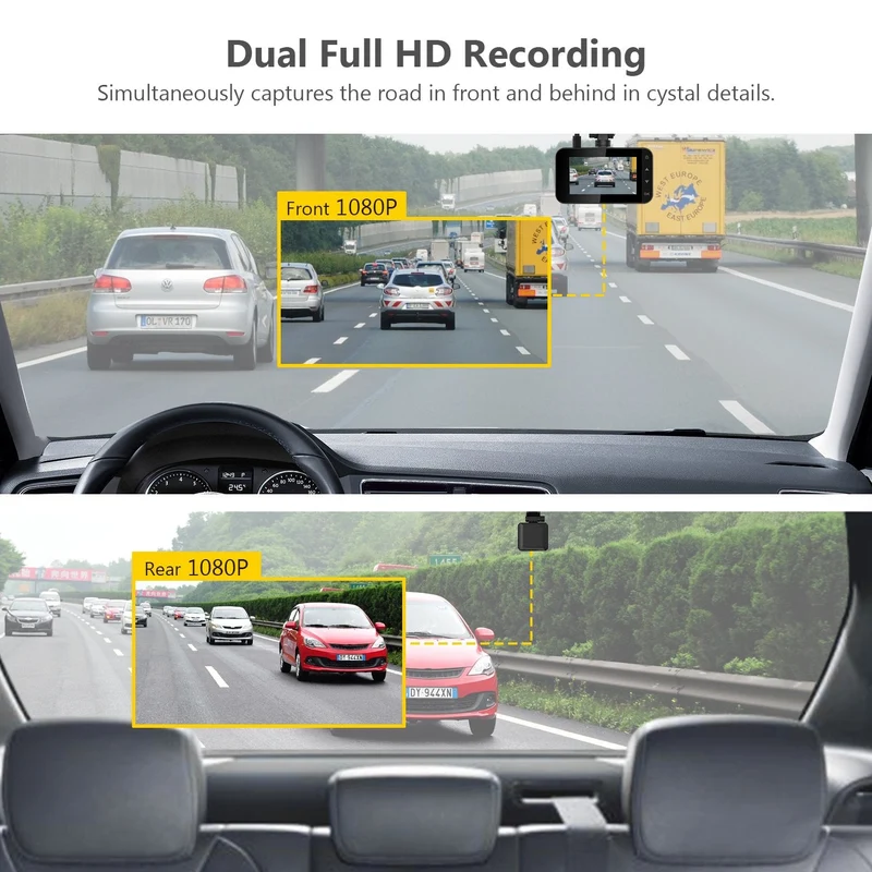 Refurbished: Dual Dash Cam, WiFi&App Connection, Full HD 1080P, Front and Rear Dash Cam
