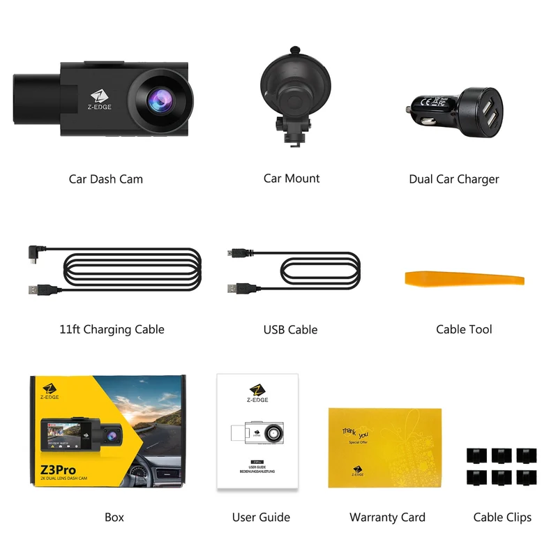 Refurbished: Z-EDGE Z3 Pro Dual Dash Cam, WiFi&App Connection, 2K+1080P Front and Inside Dash Cam, IR Night Vision