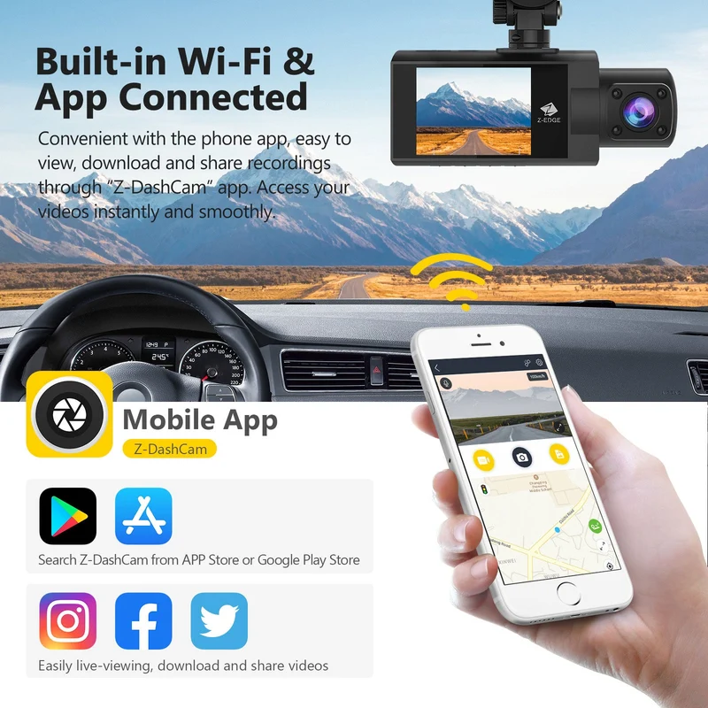 Refurbished: Z-EDGE Z3 Pro Dual Dash Cam, WiFi&App Connection, 2K+1080P Front and Inside Dash Cam, IR Night Vision