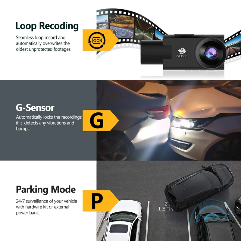 Refurbished: Z-EDGE Z3 Pro Dual Dash Cam, WiFi&App Connection, 2K+1080P Front and Inside Dash Cam, IR Night Vision