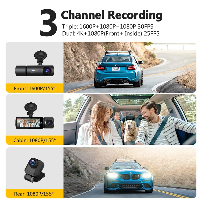 Refurbished: T3P 3-Channel Touch Screen 4K Dash Cam, 4K+1080P Front and Inside, 1600P+1080P+1080P Car Camera, WiFi&App Connection, IR Night Vision, Super Capacitor, Support 512GB Max (64GB Card Included)