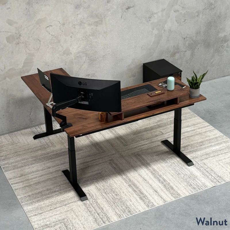 Desky Hardwood L-Shape Sit Stand Desk