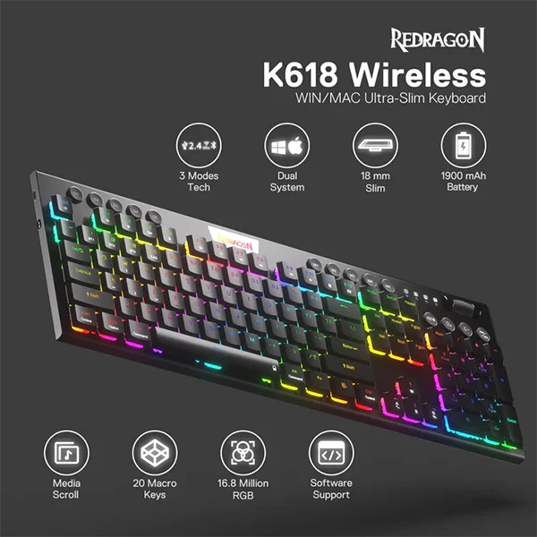 Redragon K618 PRO Wireless Low Profile Red Switches