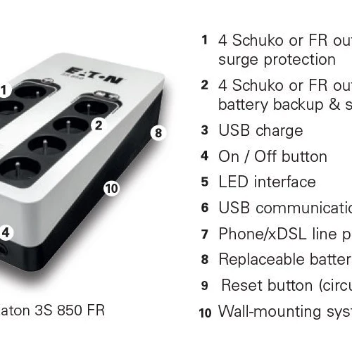 Onduleur offline 3S 850VA/510W prises FR port USB - 3S850F