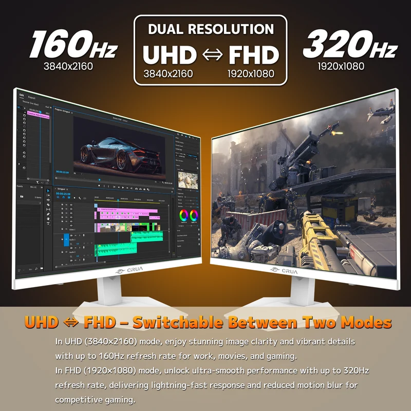 CRUA 27” Gaming Monitor, UHD (3840x2160) Dual Mode (4K 160Hz or FHD 320Hz), 120% sRGB, Support FreeSync, Built-in Speakers, Height adjustable, RGB Lighting, HDMI & DP, Wall Mount Install-White