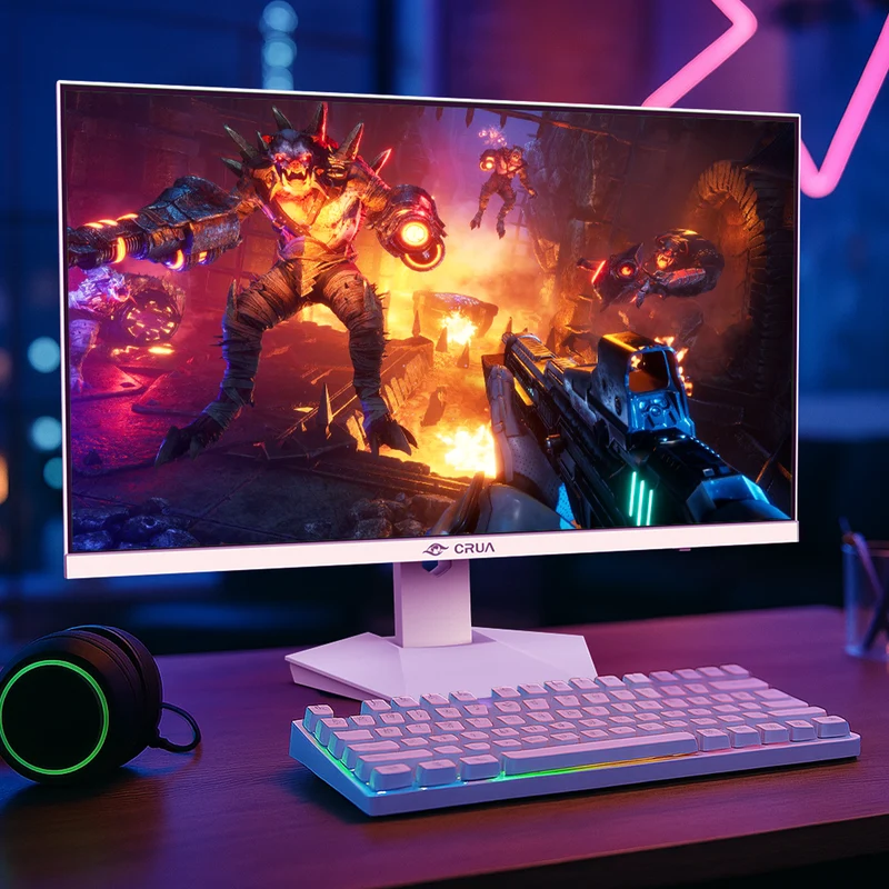 CRUA 27” Gaming Monitor, UHD (3840x2160) Dual Mode (4K 160Hz or FHD 320Hz), 120% sRGB, Support FreeSync, Built-in Speakers, Height adjustable, RGB Lighting, HDMI & DP, Wall Mount Install-White