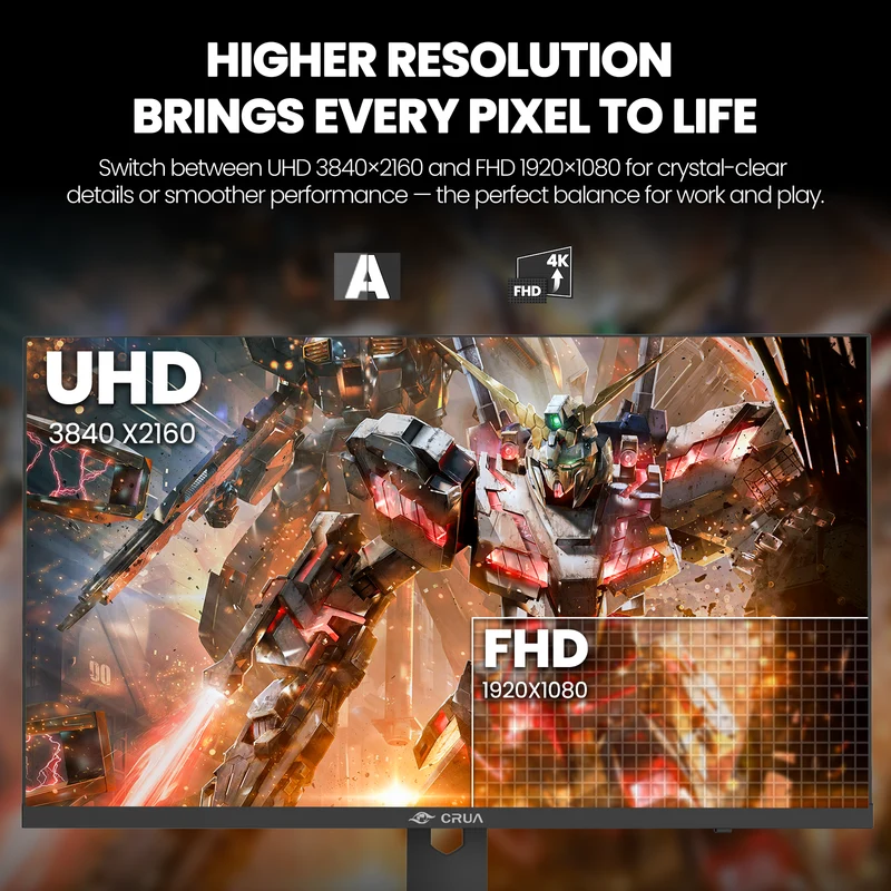 CRUA 27" 160Hz Gaming Monitor, IPS UHD(3840x2160P), 120% SRGB, Support FreeSync, Height adjustable, Lighting effects, Built-in Speakers, HDMI & DP, Black