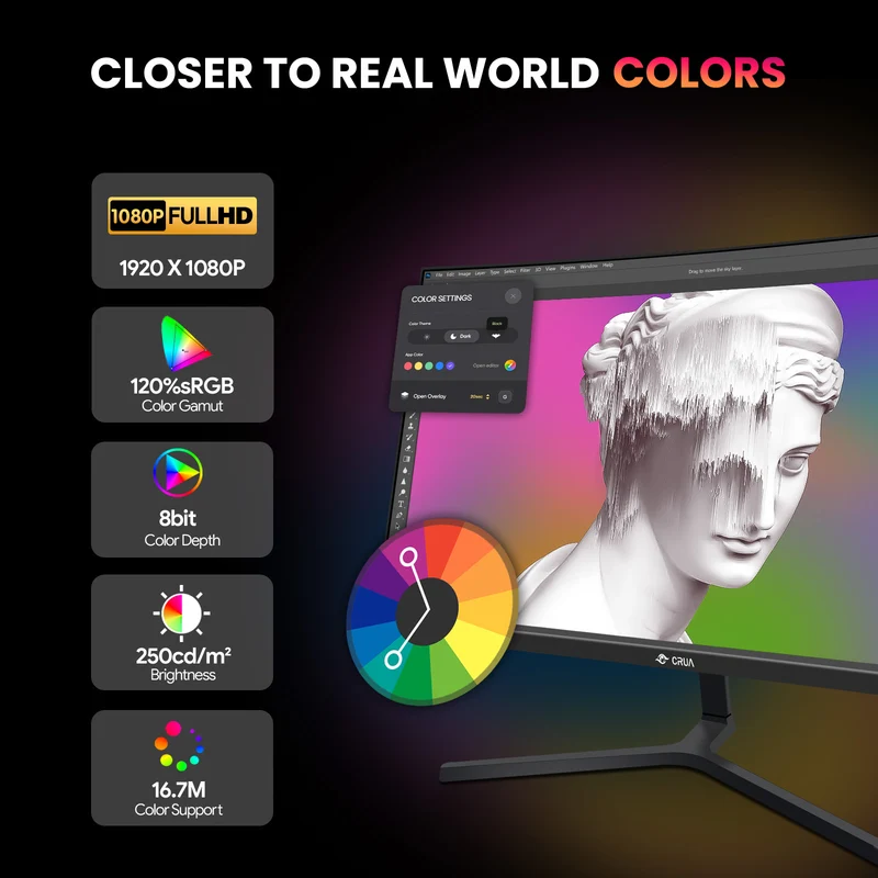 CRUA 24" 165Hz/180Hz Curved Gaming Monitor,FHD 1080P Computer Monitor,FreeSync,120% SRGB,Low Motion Blur-Black