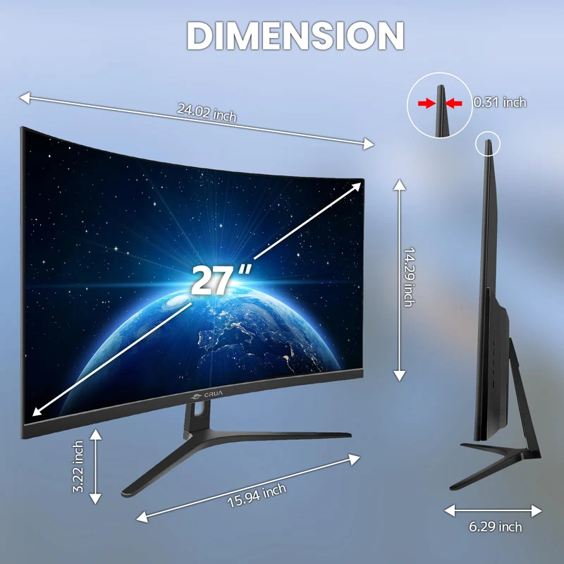 CRUA 27" FHD 1080P 100Hz Curved Computer Monitor, 1800R, HDMI/VGA, Black VA Screen, 120%sRGB, Low Blue Light, Three-Sided Narrow Bezel and 100x100mm Wall Mount for Office, Dormitory, Movies and Work