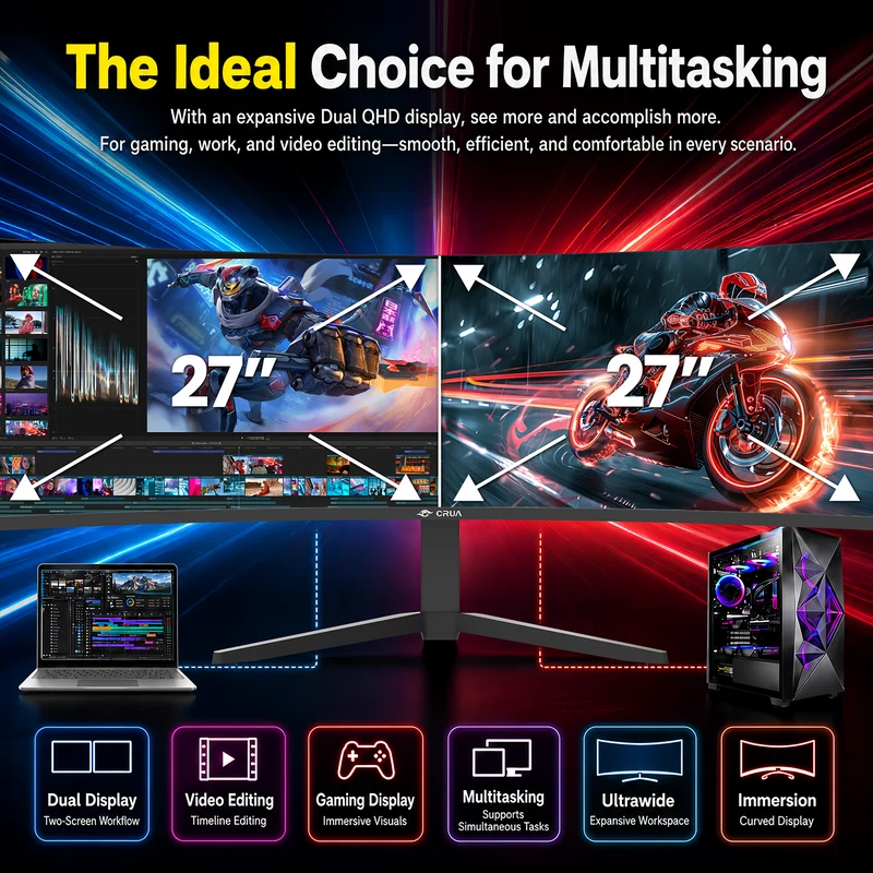 CRUA 49" DQHD 240Hz Ultrawide Curved Gaming Monitor, 1500R, FreeSync, Black | 32:9 VA Panel, 120%sRGB, 3000:1 Contrast, Built-In Speakers, Height-Adjustable Stand, HDMI 2.1/DP 1.4 and 75x75mm Wall Mount