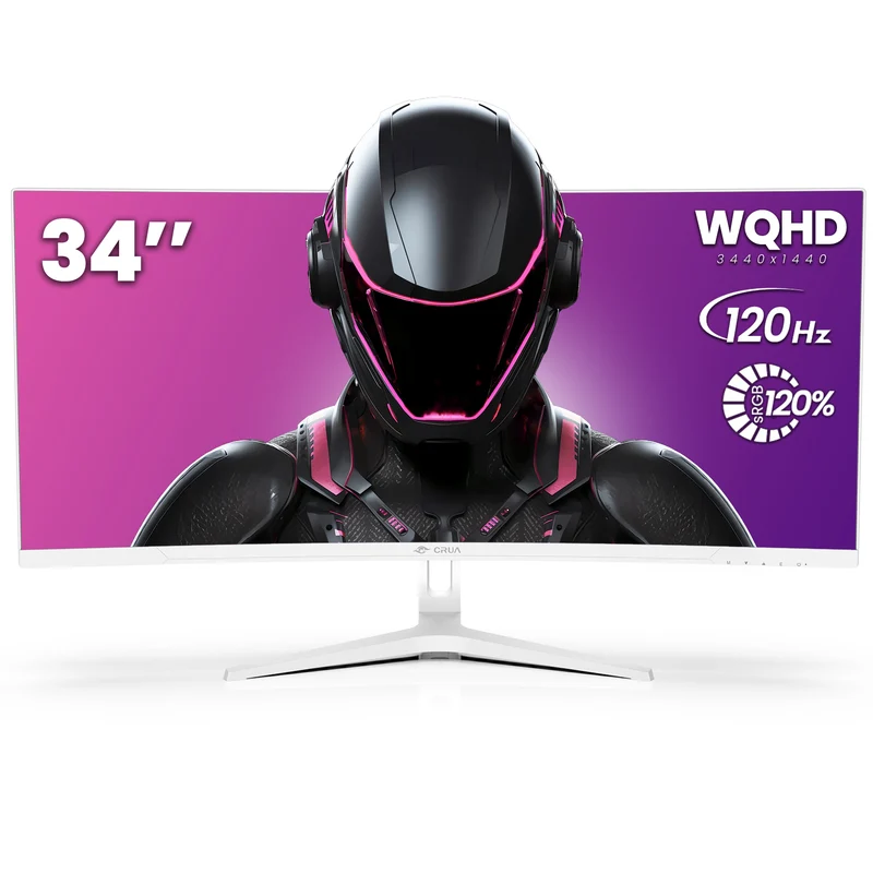 CRUA 34" Curved Gaming Monitor, WQHD 3440x1440, 120Hz Computer Monitors, 1500R VA Screen, 120% sRGB, AMD FreeSync, Blue Light Filter, HDMI 2.0 & DP 1.4, Wall Mountable Installs- White