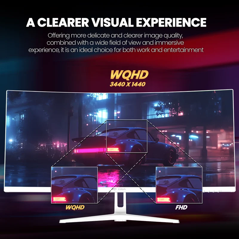 CRUA 34" Curved Gaming Monitor, WQHD 3440x1440, 120Hz Computer Monitors, 1500R VA Screen, 120% sRGB, AMD FreeSync, Blue Light Filter, HDMI 2.0 & DP 1.4, Wall Mountable Installs- White