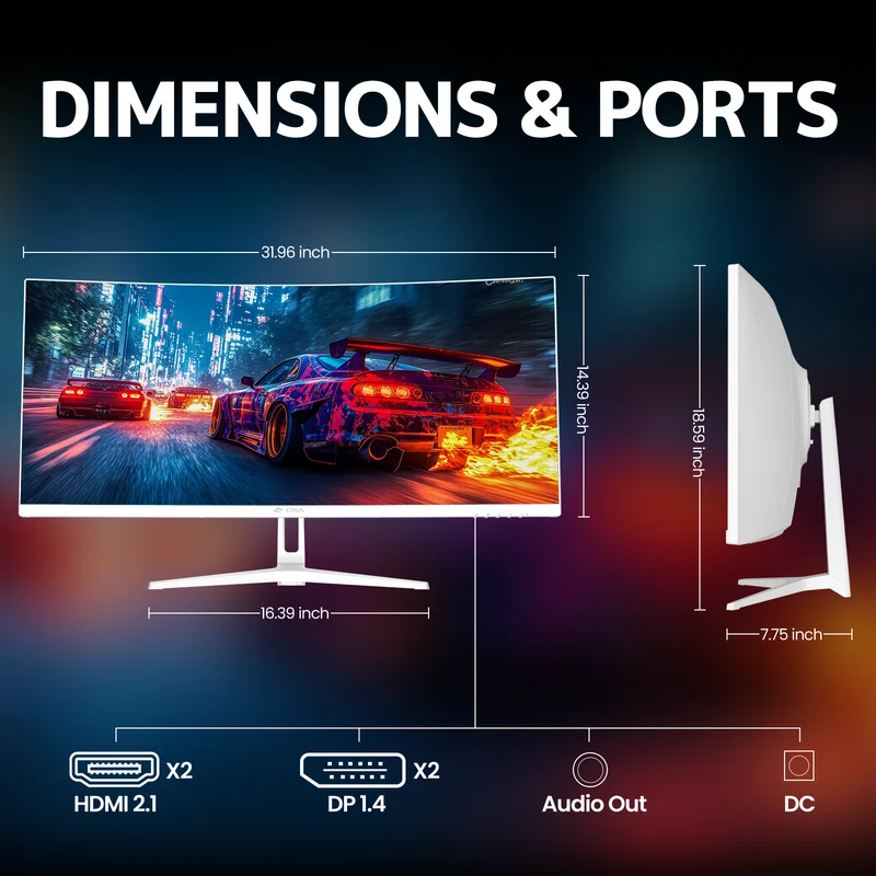 CRUA 34" Curved Gaming Monitor, WQHD 3440x1440, 120Hz Computer Monitors, 1500R VA Screen, 120% sRGB, AMD FreeSync, Blue Light Filter, HDMI 2.0 & DP 1.4, Wall Mountable Installs- White