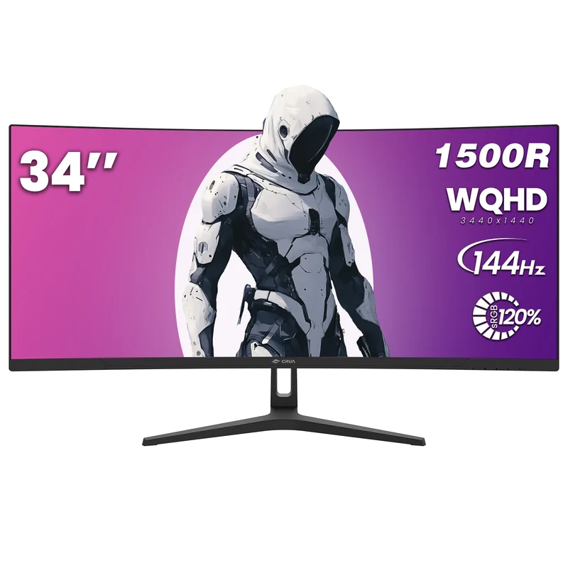 CRUA 34 Inch Curved Gaming Monitor, 21:9 WQHD 3440x1440 165Hz/144Hz 1500R Ultrawide Computer Monitor Support Freesync, PIP/PBP, 120% sRGB, HDMI 2.0 & DP 1.4, Wall Mountable/Tilt Adjustable-Black