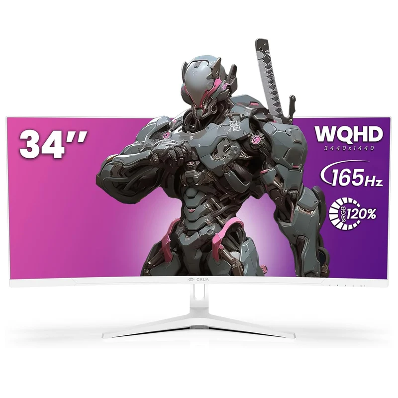 CRUA 34" UWQHD 165Hz White Curved Gaming Monitor, 21:9 Ultrawide, 1500R VA, 3440x1440, FreeSync, PIP/PBP, 120% sRGB, HDMI 2.0, DP 1.4, Blue Light, Tilt Stand, 75x75 Mount, Office, Editing, Racing