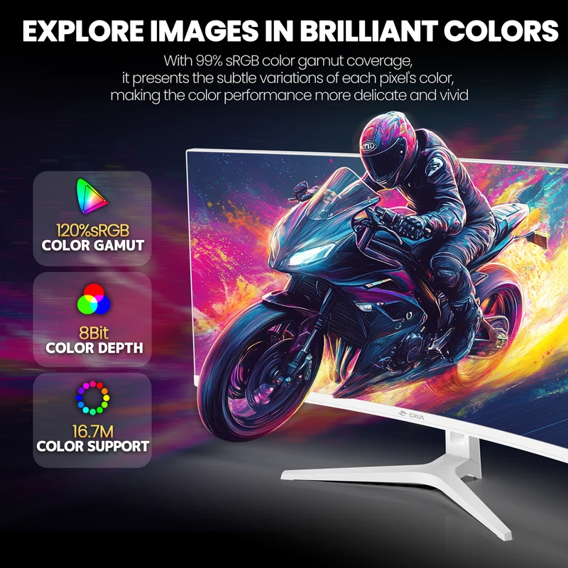 CRUA 34" UWQHD 165Hz White Curved Gaming Monitor, 21:9 Ultrawide, 1500R VA, 3440x1440, FreeSync, PIP/PBP, 120% sRGB, HDMI 2.0, DP 1.4, Blue Light, Tilt Stand, 75x75 Mount, Office, Editing, Racing