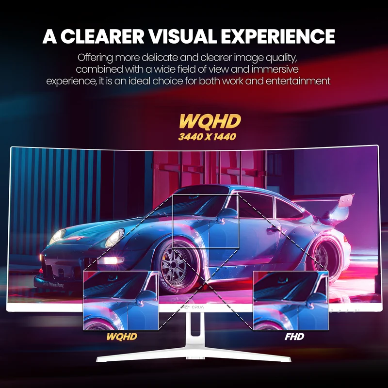 CRUA 34" UWQHD 165Hz White Curved Gaming Monitor, 21:9 Ultrawide, 1500R VA, 3440x1440, FreeSync, PIP/PBP, 120% sRGB, HDMI 2.0, DP 1.4, Blue Light, Tilt Stand, 75x75 Mount, Office, Editing, Racing