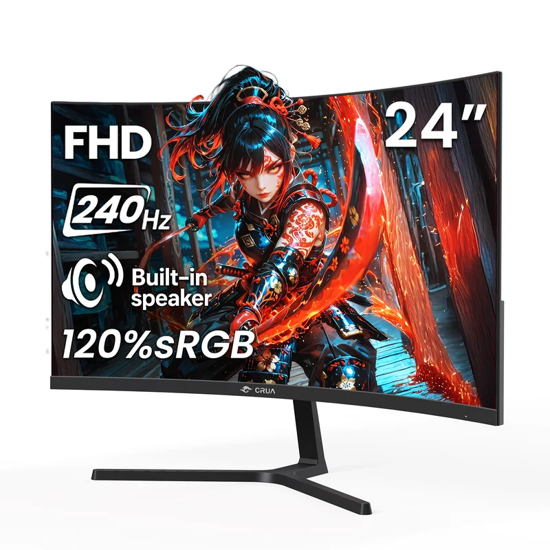 CRUA 24” 240Hz Gaming Monitor, Curved FHD 1920 x 1080P, Support 120% sRGB, AMD FreeSync, Low Motion Blur, Wall Mount Installs Compatible, for Office and Games(HDMI 2.0 & DP 1.4) – Black