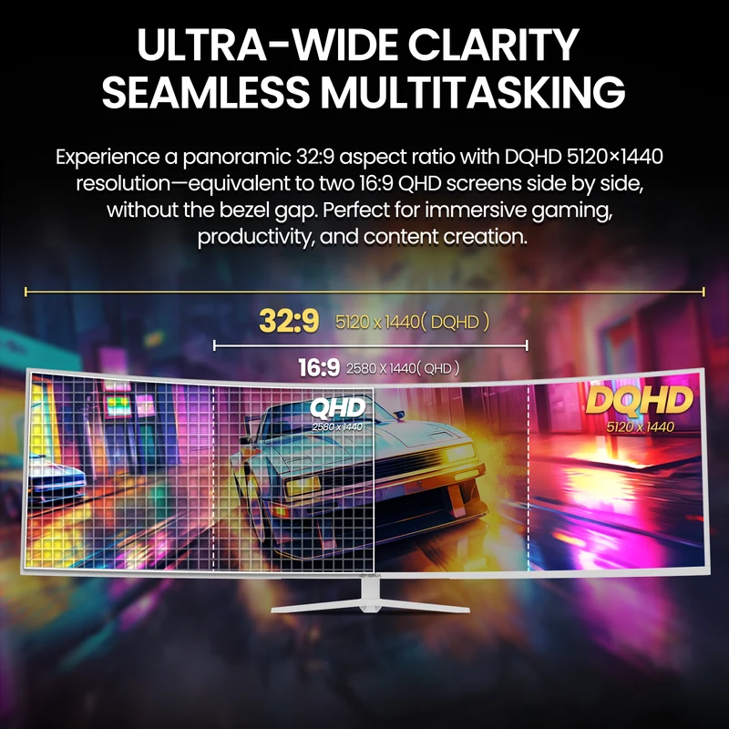 CRUA 49" White Curved Monitor | DQHD(5120 * 1440), 120Hz, 1500R, 32:9, AMD FreeSync, 120% sRGB, Height Adjustable Ultra-Wide Screen Computer Monitors, HDMI 2.1 & DP 1.4, Wall Mount Install
