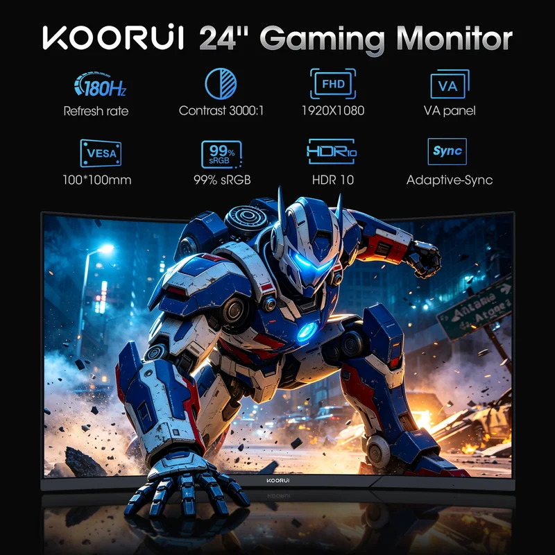 KOORUI 24 inch 1080p Curved Gaming Monitor, 180Hz FHD Computer Monitor, 1ms Adaptive-Sync, 24E6CA WAL