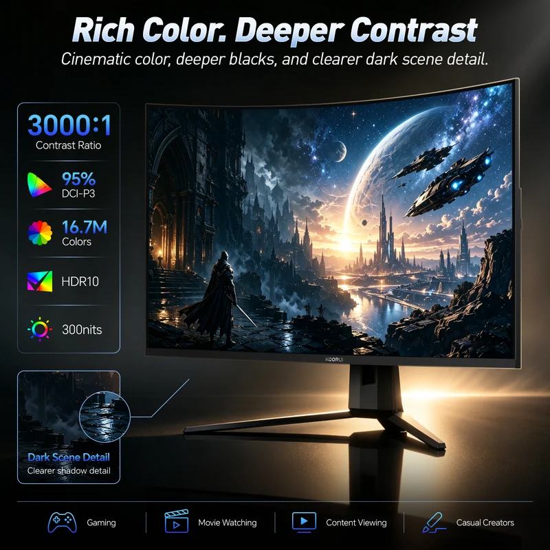 KOORUI 32 Inch Curved Gaming Monitor, QHD 2560×1440p 170Hz 1ms 1500R G3221SC AMZ