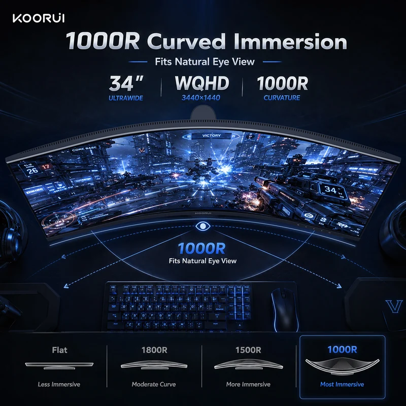 KOORUI 34'' UWQHD Curved Gaming Monitor, 180Hz Ultrawide Monitor, 3440×1440p 1ms(MPRT) HDR400 34E6UC WAL