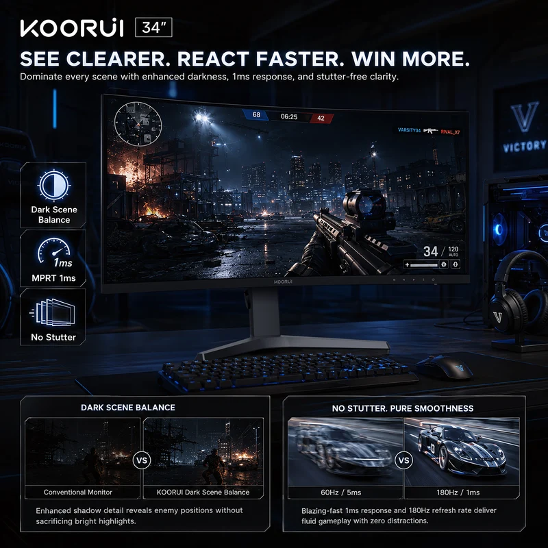 KOORUI 34'' UWQHD Curved Gaming Monitor, 180Hz Ultrawide Monitor, 3440×1440p 1ms(MPRT) HDR400 34E6UC WAL