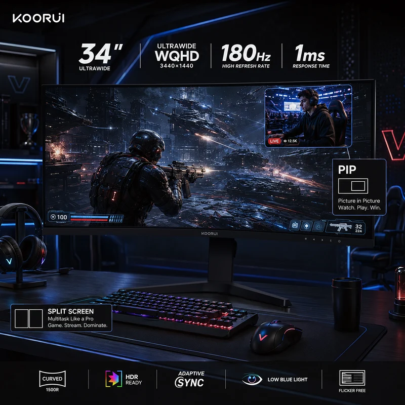 KOORUI 34'' UWQHD Curved Gaming Monitor, 180Hz Ultrawide Monitor, 3440×1440p 1ms(MPRT) HDR400 34E6UC WAL